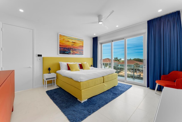 bedroom with light tile patterned flooring, access to exterior, and ceiling fan