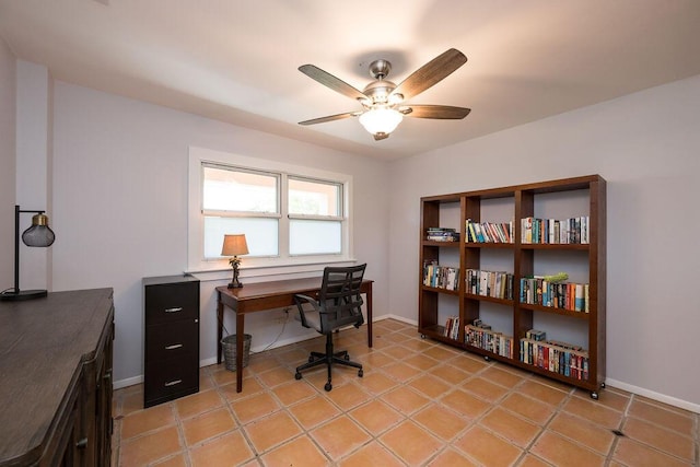 office area featuring ceiling fan and light tile patterned flooring