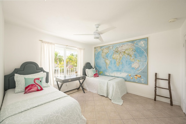 tiled bedroom with ceiling fan