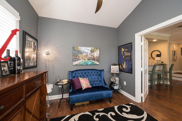 sitting room featuring dark hardwood / wood-style flooring and vaulted ceiling