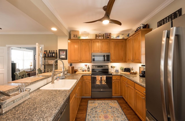 kitchen with crown molding, ceiling fan, stainless steel appliances, and sink