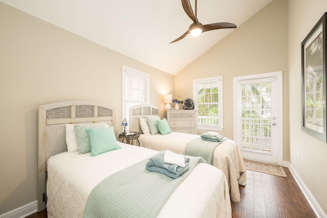 bedroom with ceiling fan, dark hardwood / wood-style floors, vaulted ceiling, and access to outside