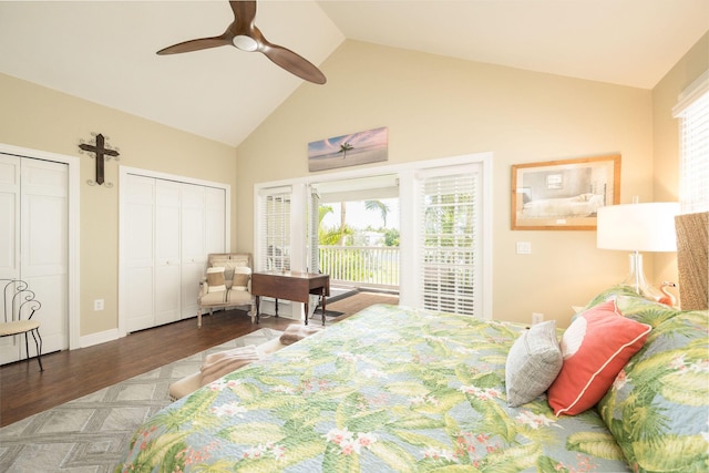 bedroom featuring multiple windows, access to exterior, hardwood / wood-style flooring, and multiple closets