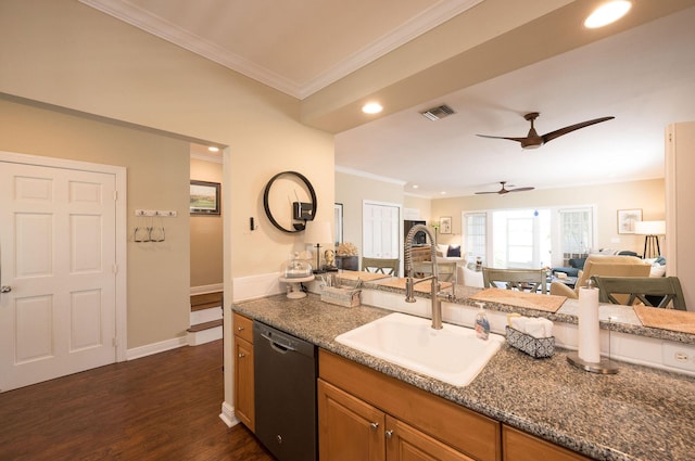 kitchen featuring black dishwasher, sink, ornamental molding, ceiling fan, and dark wood-type flooring