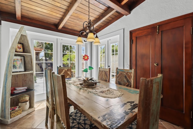 215 Whitehead St, Key West, FL 33040 - dining room with light tile patterned floors, wooden ceiling, french doors, and a chandelier