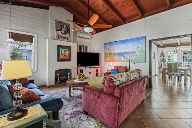 215 Whitehead St, Key West, FL 33040 - living room featuring a wall mounted AC, a wood ceiling with exposed beams, ceiling fan, tile patterned flooring, and a fireplace