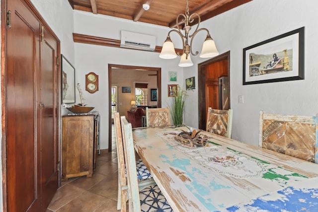 215 Whitehead St, Key West, FL 33040 - tiled dining space featuring a wall mounted air conditioner, a wood ceiling with exposed beams, and a chandelier