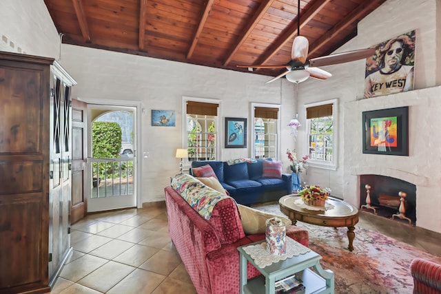 215 Whitehead St, Key West, FL 33040 - tiled living room with a wooden ceiling with exposed beams, ceiling fan, high vaulted ceiling, and a fireplace