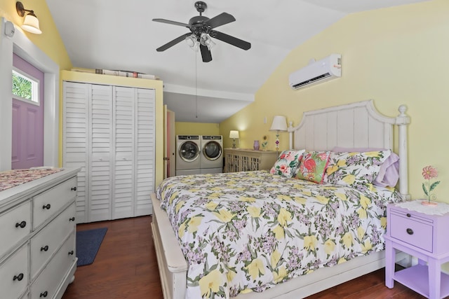 215 Whitehead St, Key West, FL 33040 - bedroom with a wall mounted air conditioner, lofted ceiling, separate washer and dryer, dark wood-type flooring, and a closet