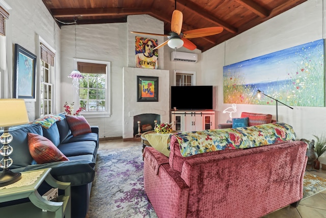 215 Whitehead St, Key West, FL 33040 - living room with a wood ceiling with exposed beams, a wall mounted AC, a large fireplace, ceiling fan, and high vaulted ceiling