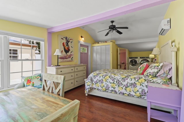 215 Whitehead St, Key West, FL 33040 - bedroom featuring washer and dryer, lofted ceiling, a wall unit AC, wood finished floors, and a ceiling fan