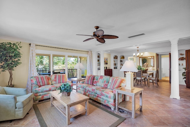 living room featuring crown molding, ceiling fan with notable chandelier, light tile patterned flooring, built in shelves, and ornate columns