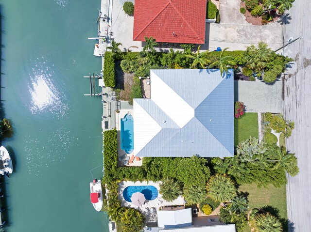 drone / aerial view featuring a water view