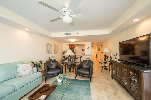 105 Front St Unit 121, Key West, FL 33040 - living room featuring visible vents, light tile patterned flooring, recessed lighting, a tray ceiling, and a ceiling fan