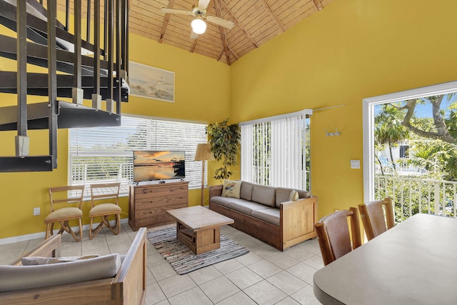 tiled living area with baseboards, high vaulted ceiling, wooden ceiling, and a ceiling fan