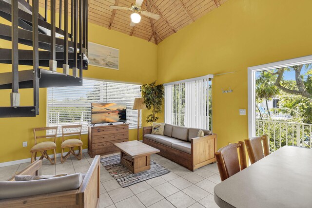 3 E Kyle Way, Marathon, FL 33050 - tiled living area with wooden ceiling, high vaulted ceiling, a ceiling fan, and plenty of natural light