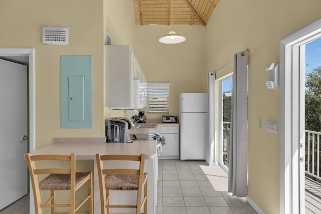 kitchen featuring electric panel, visible vents, white appliances, and white cabinets