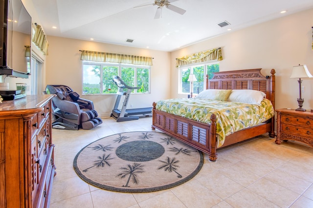 bedroom with light tile patterned floors and ceiling fan