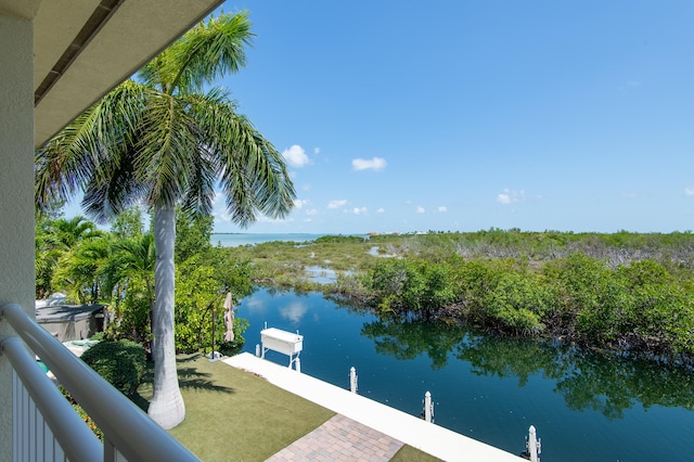 view of water feature with a dock