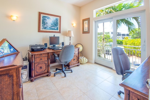 home office with light tile patterned floors