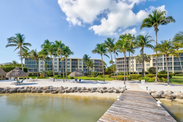 dock area featuring a gazebo and a water view