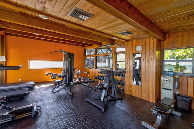 exercise area featuring wooden ceiling and wooden walls