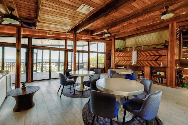 dining space featuring wood ceiling, ceiling fan, light hardwood / wood-style floors, a water view, and beam ceiling