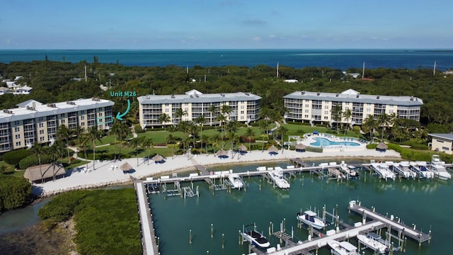 drone / aerial view featuring a water view