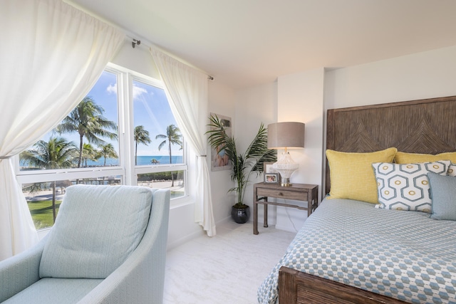 bedroom featuring a water view and light colored carpet