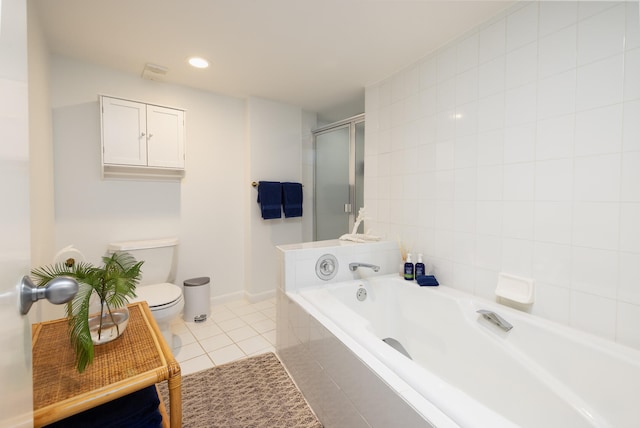 bathroom with tile patterned flooring, plus walk in shower, and toilet