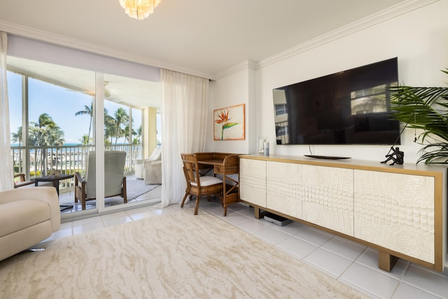 tiled living room featuring crown molding