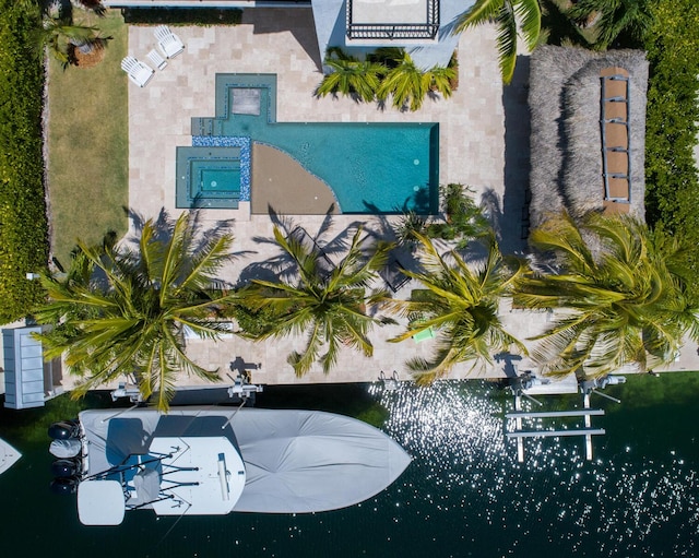 drone / aerial view with a water view