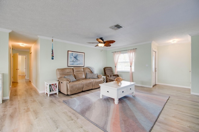 living room featuring crown molding, ceiling fan, a textured ceiling, and light hardwood / wood-style floors