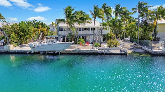 exterior space with a water view