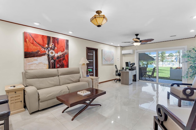 living room with a wall unit AC and ceiling fan