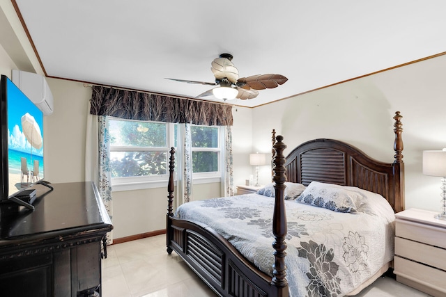 bedroom featuring ceiling fan, ornamental molding, a wall mounted air conditioner, and light tile patterned flooring