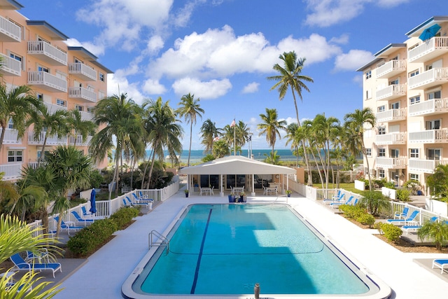 view of pool with a patio and a gazebo