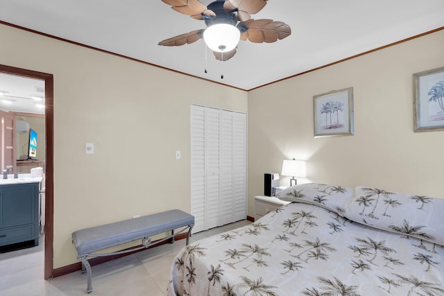 tiled bedroom with crown molding, ceiling fan, and a closet