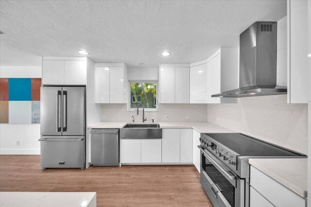 kitchen with sink, light hardwood / wood-style flooring, appliances with stainless steel finishes, white cabinetry, and wall chimney exhaust hood