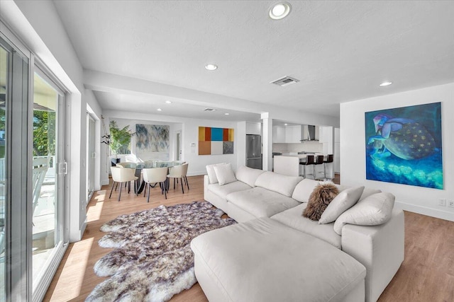 living room with light hardwood / wood-style floors and a textured ceiling