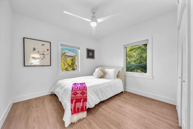 bedroom with ceiling fan and wood-type flooring