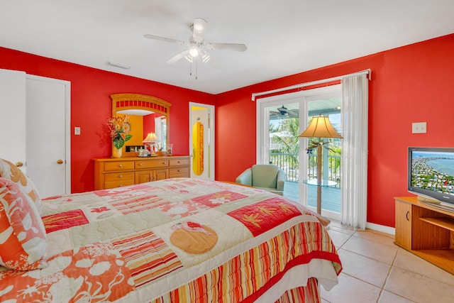 bedroom featuring baseboards, visible vents, a ceiling fan, access to outside, and tile patterned flooring