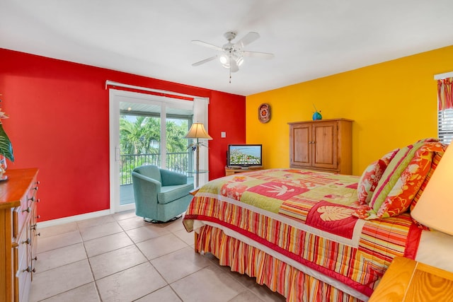 bedroom with access to outside, ceiling fan, baseboards, and light tile patterned floors