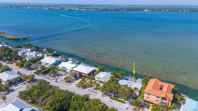 drone / aerial view with a water view and a residential view