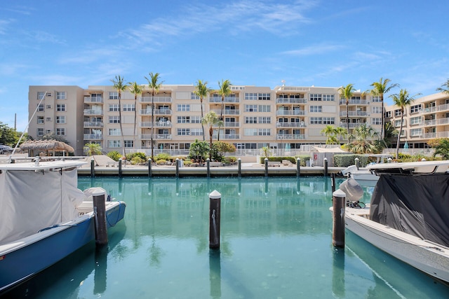 view of swimming pool featuring a water view and a boat dock