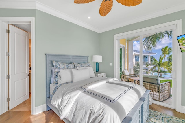 bedroom with crown molding, ceiling fan, light hardwood / wood-style floors, and access to outside