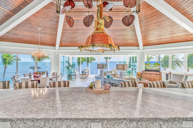 kitchen with lofted ceiling with beams, a healthy amount of sunlight, and a water view