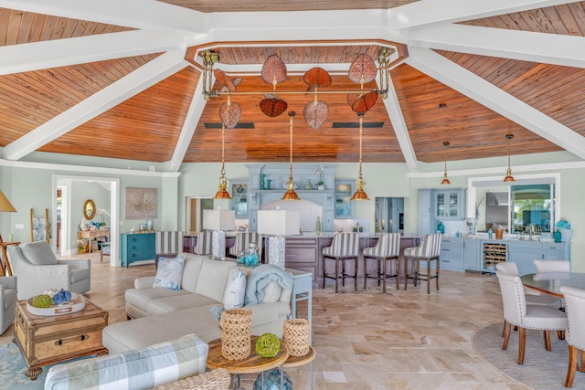 living room featuring wood ceiling, lofted ceiling with beams, and wine cooler