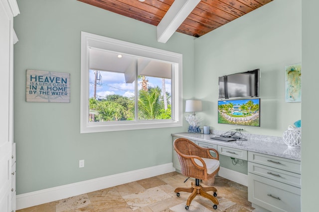 home office with wood ceiling and beamed ceiling