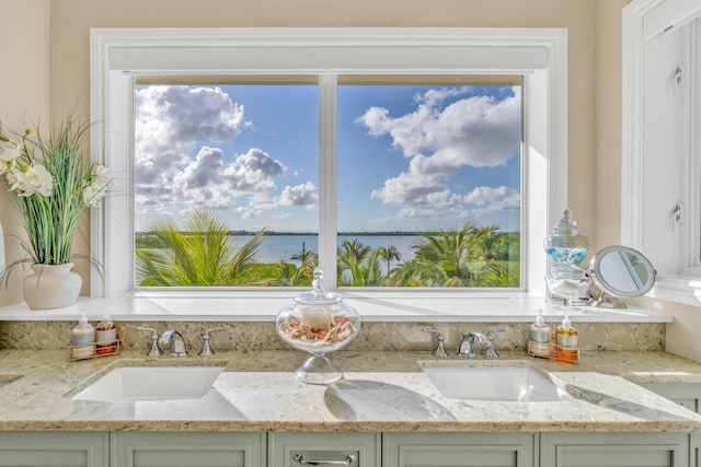 interior space featuring sink and a water view